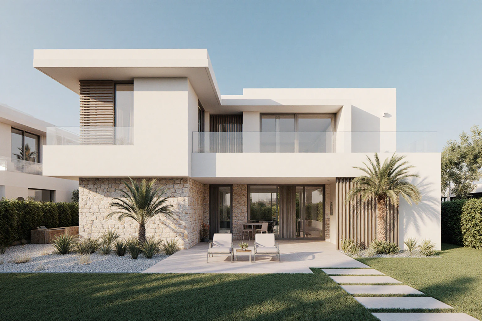 Contemporary private villa with a stone facade, shaded terrace and garden