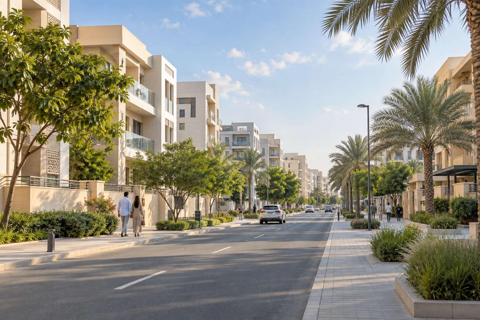 Contemporary residential street with pale facades, balconies, palms and planted verges