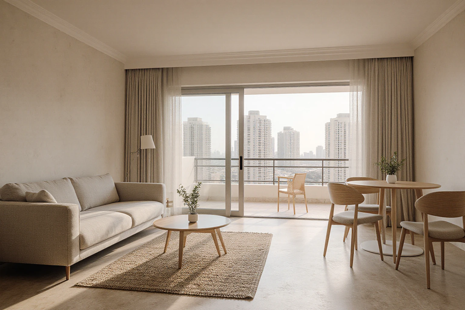 Bright residential living and dining room with a balcony and city buildings in the background